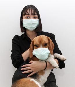 Woman in medical face mask holds a dog wearing medical mask as well